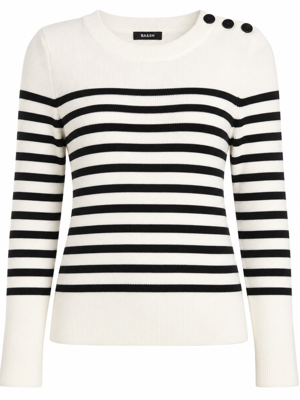 Frame Denim Black and White Striped Crew Sweater with Shoulder Buttons
